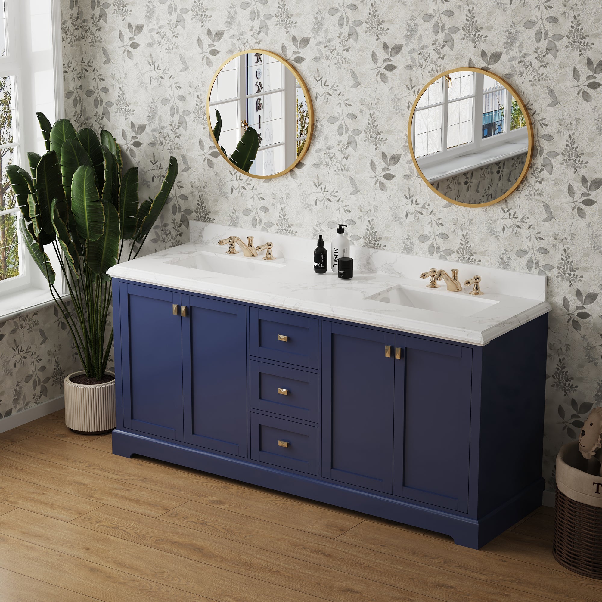 72" Free Standing Double Bathroom Vanity with Natural Marble Top RX-V02-72