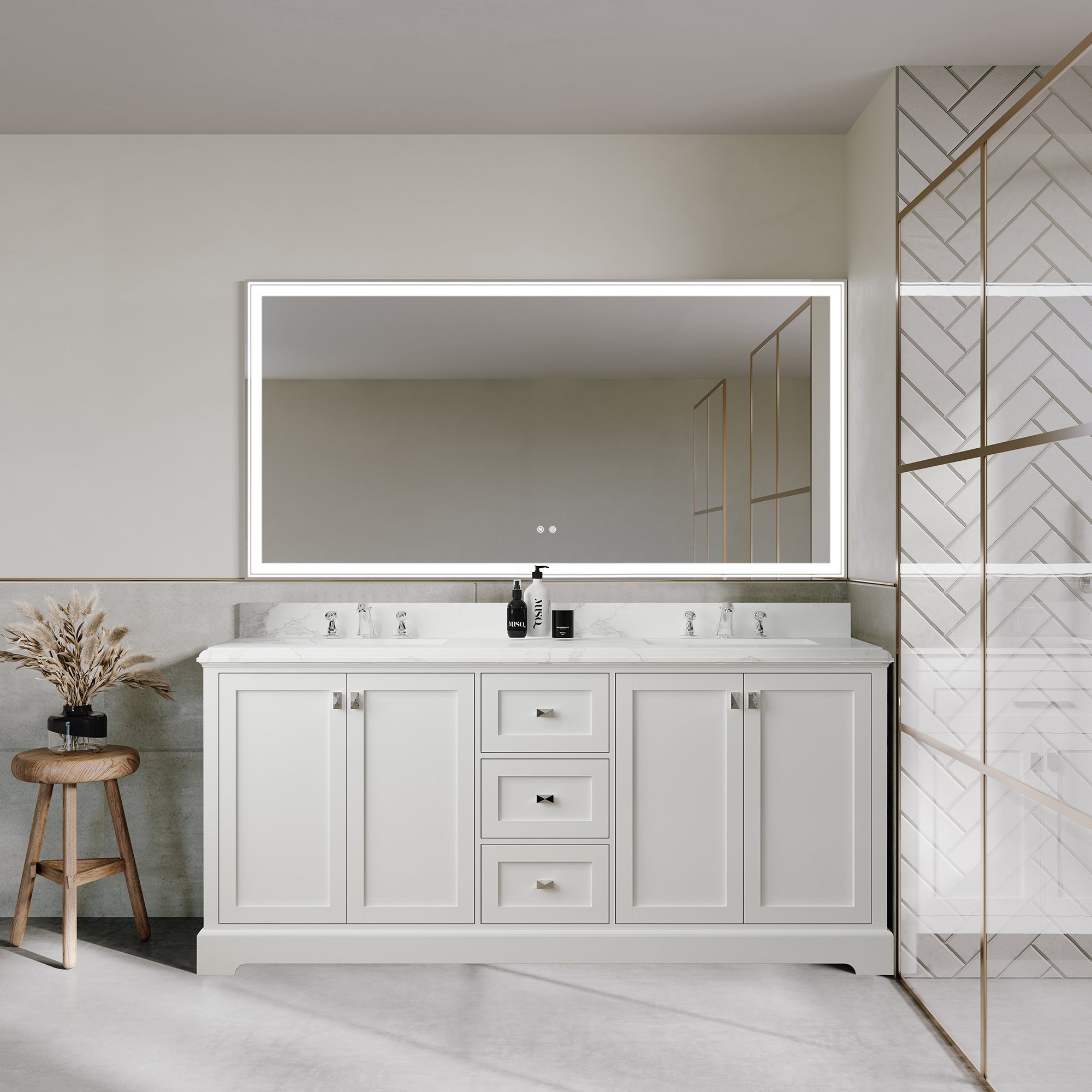 72" Free Standing Double Bathroom Vanity with Natural Marble Top RX-V02-72