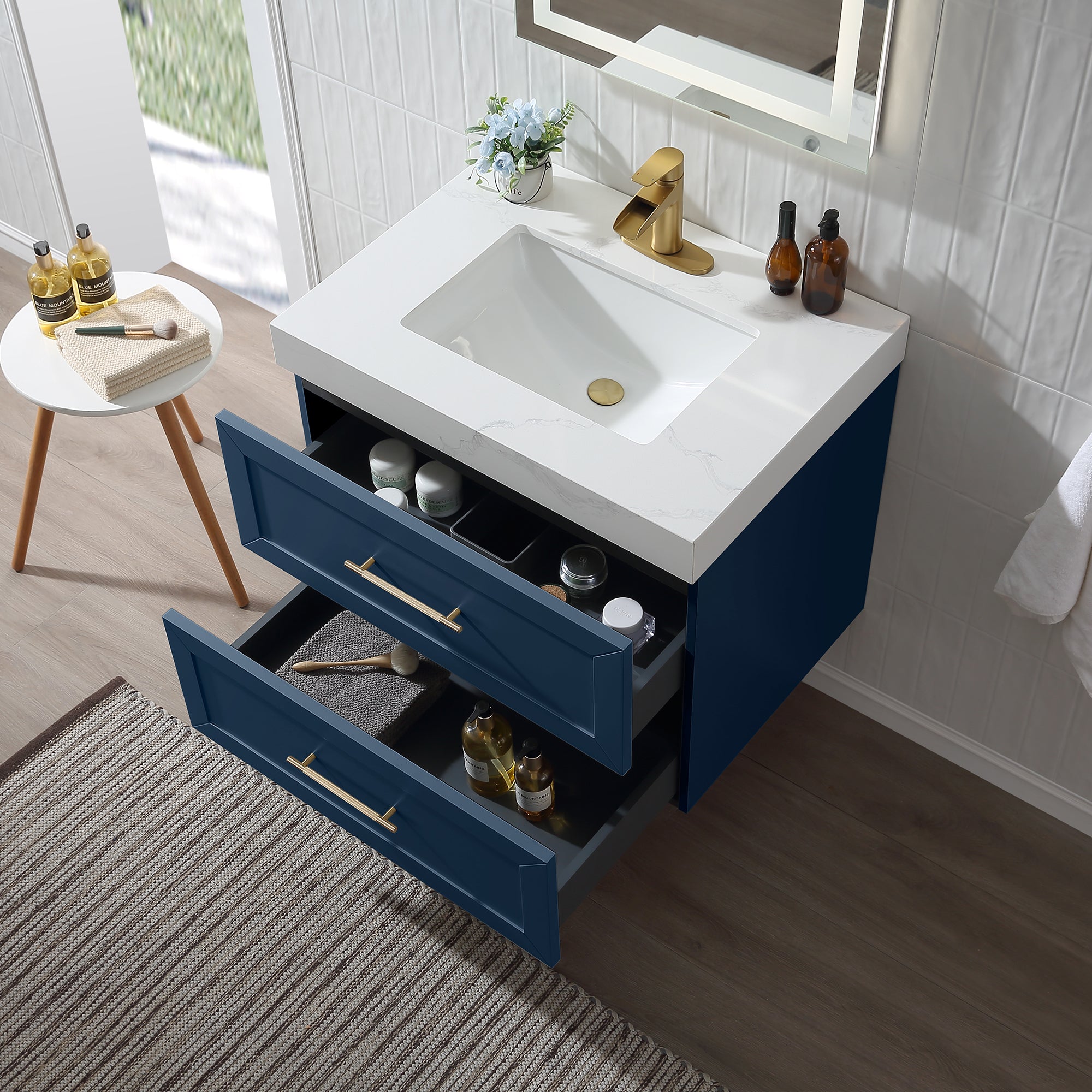 Wall Mounted Single Bathroom Vanity with Quartz Top RX-V07