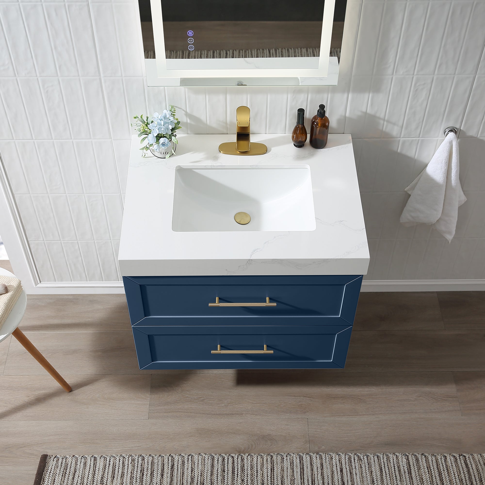 Wall Mounted Single Bathroom Vanity with Quartz Top RX-V07