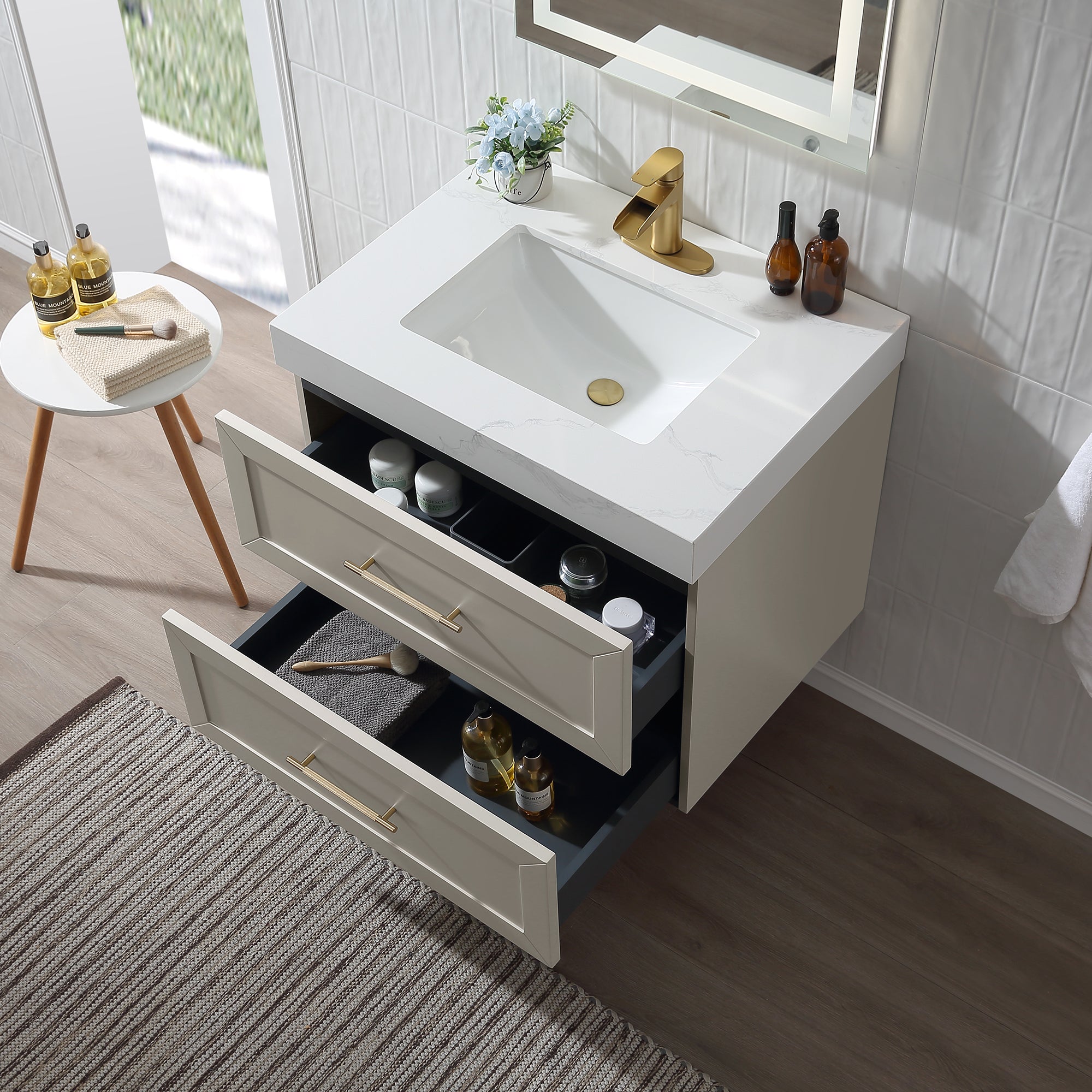 Wall Mounted Single Bathroom Vanity with Quartz Top RX-V07