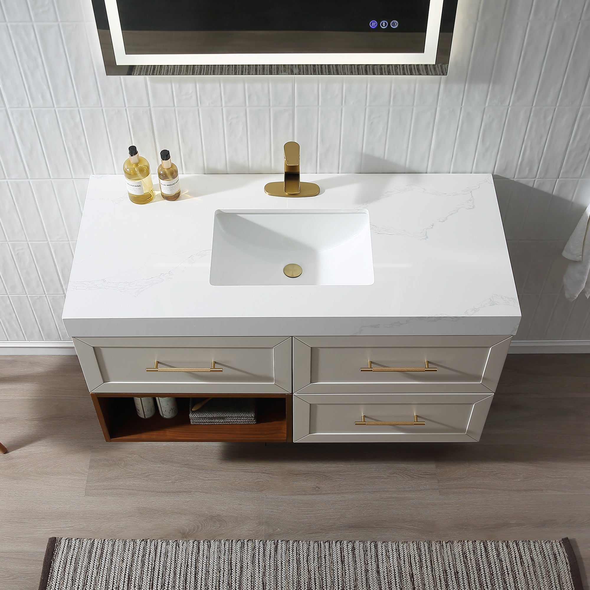 Wall Mounted Single Bathroom Vanity with Quartz Top RX-V07