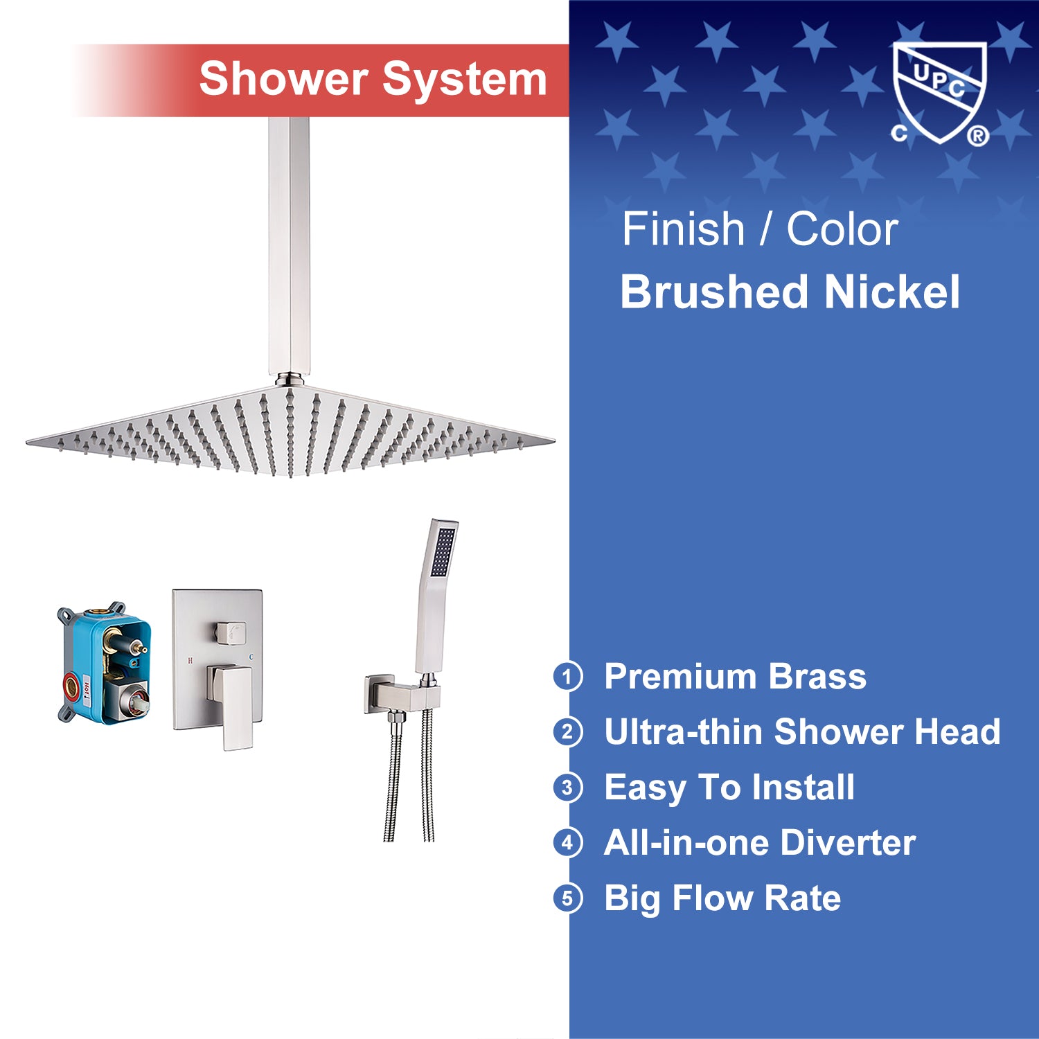 12" Shower Head 2-way Ceiling-Mount Square Shower Faucet with Rough-in Valve RX95102-12