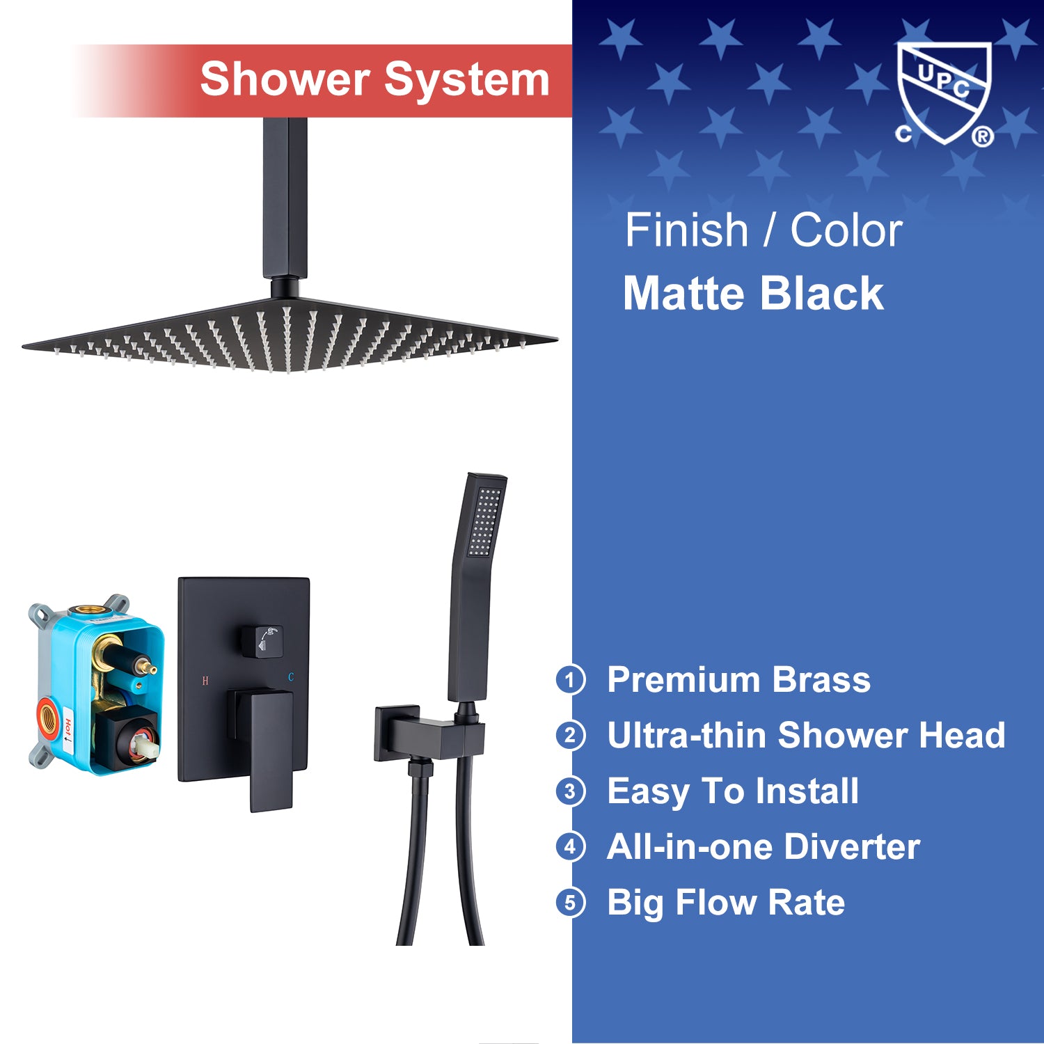 12" Shower Head 2-way Ceiling-Mount Square Shower Faucet with Rough-in Valve RX95102-12