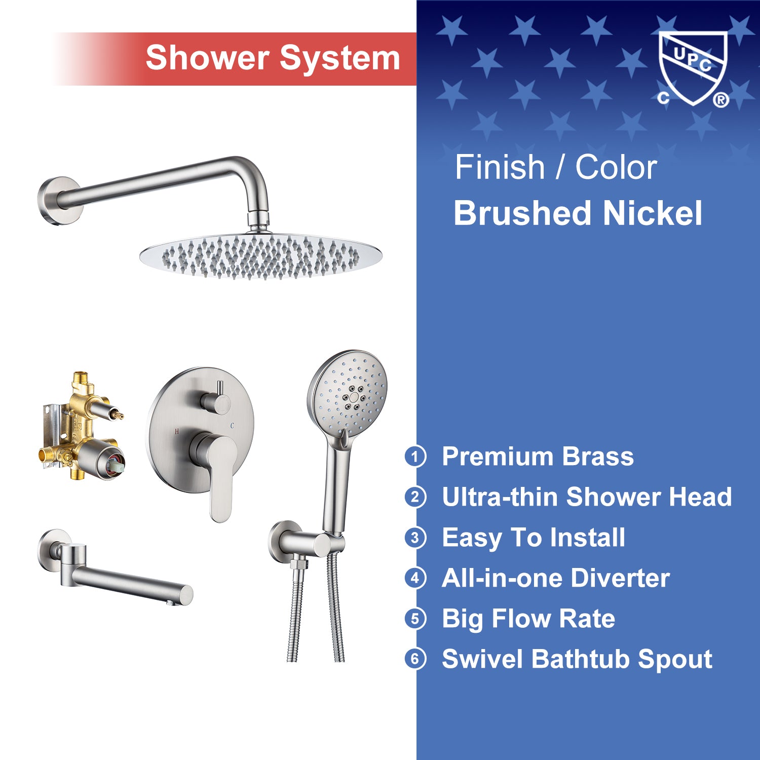 10" Shower Head 3-way Wall-Mount Round Shower Faucet with Rough-in Valve RX96203-10